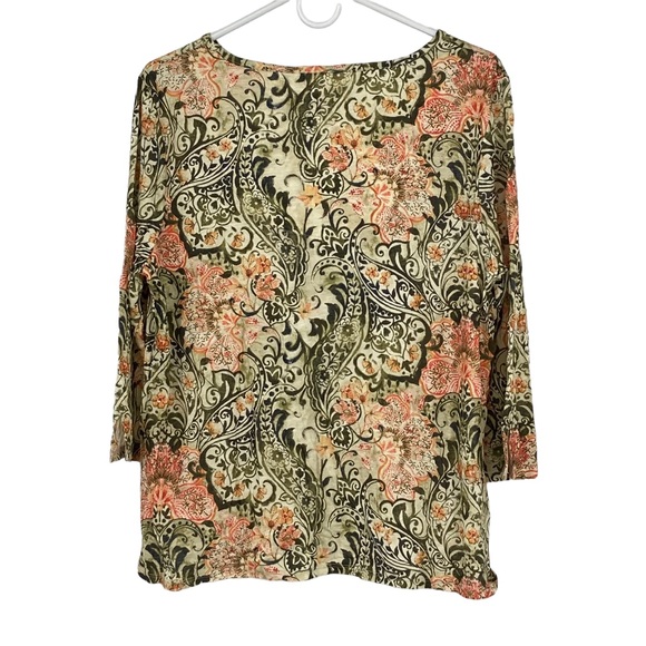 Chico’s Size 2 Regular Size 12 Long Sleeve Rayon Green/Orange Cream Top - Picture 8 of 11